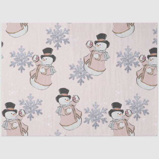 Snowmen and Silver Snowflakes Pink Christmas Tissue Paper (Front)