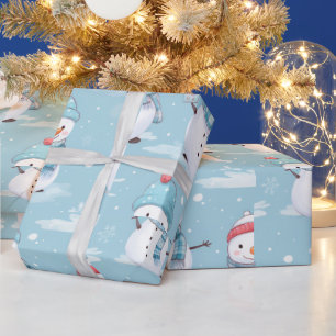 Snowmen and Snowflakes Blue White Modern Christmas Wrapping Paper