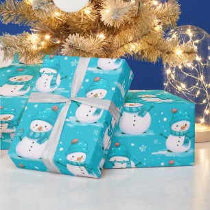 Snowmen and Snowflakes Blue White Modern Christmas Wrapping Paper