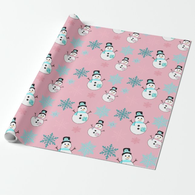 Snowmen and Snowflakes Teal and Pink Christmas Wrapping Paper (Unrolled)