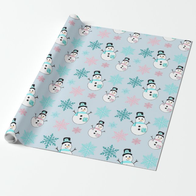 Snowmen and Snowflakes Teal and Pink Christmas Wrapping Paper (Unrolled)