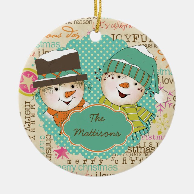Snowmen and Typography  Keepsake Ornament (Front)