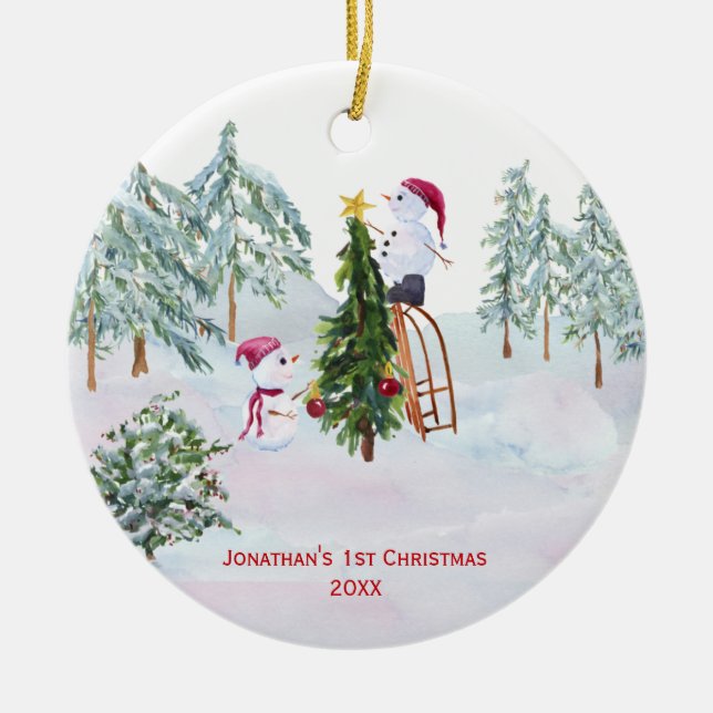 Snowmen Baby's 1st Christmas Photo Ceramic Tree Decoration (Front)