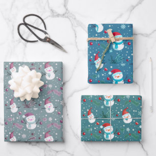 Snowmen Berries Snowflakes Christmas Wrapping Paper Sheet