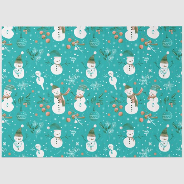 Snowmen Berries Snowflakes Greenery Christmas Tissue Paper (Front)
