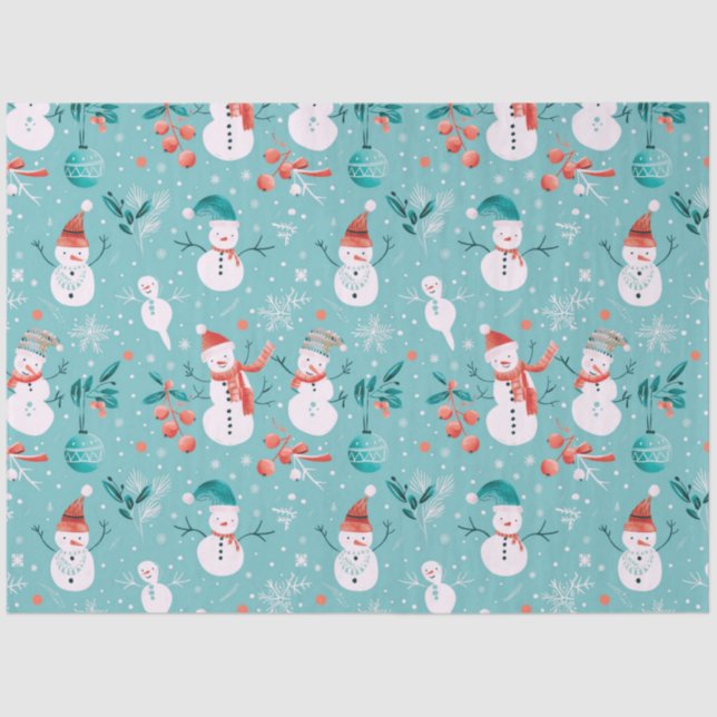 Snowmen Berries Snowflakes Greenery Christmas Tissue Paper (Front)