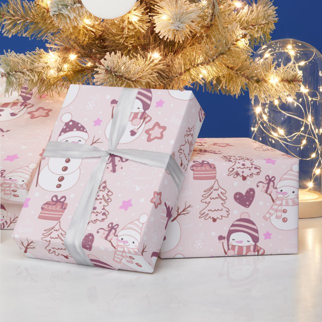 Snowmen Christmas Ornaments Gifts Pink Christmas Wrapping Paper (Holidays)