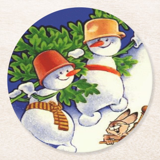 Snowmen Christmas Tree Drumming Rabbit Round Paper Coaster (Front)