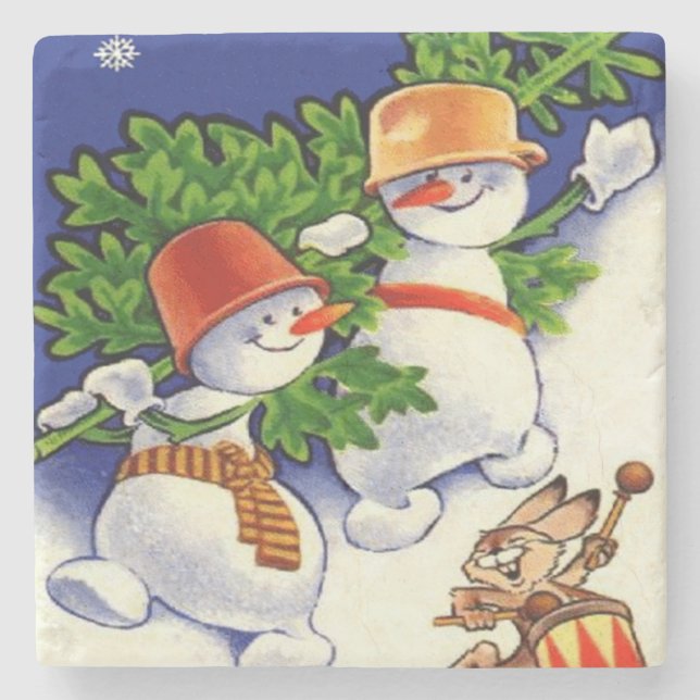Snowmen Christmas Tree Drumming Rabbit Stone Coaster (Front)