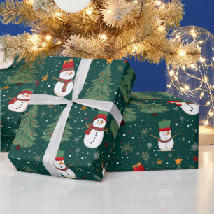 Snowmen Christmas Trees Green Christmas Wrapping Paper