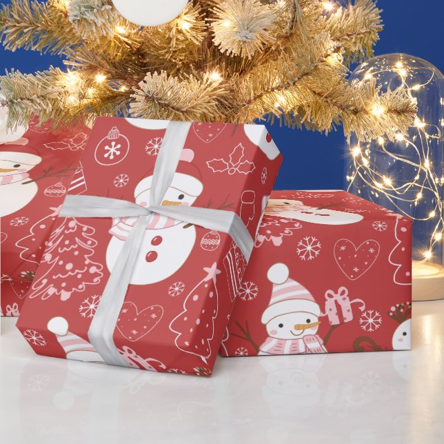 Snowmen Christmas Trees Hearts Gifts Red Christmas Wrapping Paper (Holidays)