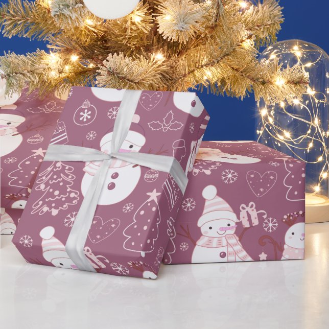 Snowmen Christmas Trees Hearts Purple Christmas Wrapping Paper (Holidays)