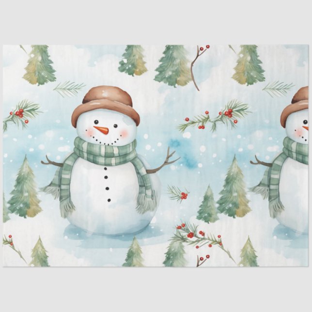 Snowmen Christmas Trees Holly Berries Christmas Tissue Paper (Front)