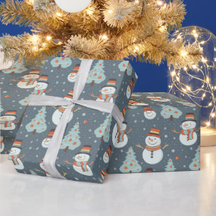 Snowmen Christmas Trees Snowflakes Green Christmas Wrapping Paper