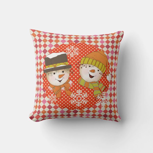 Snowmen Couple Dots and Argyle Holiday Pillow (Front)