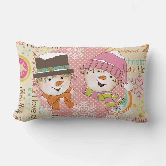 Snowmen Couple Dots and Typography Holiday Pillow (Front)