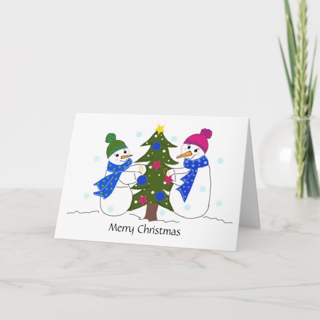 Snowmen Decorating a Christmas Tree Holiday Card (Front)