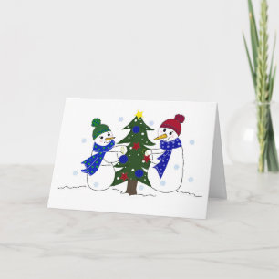 Snowmen Decorating a Christmas Tree Holiday Card