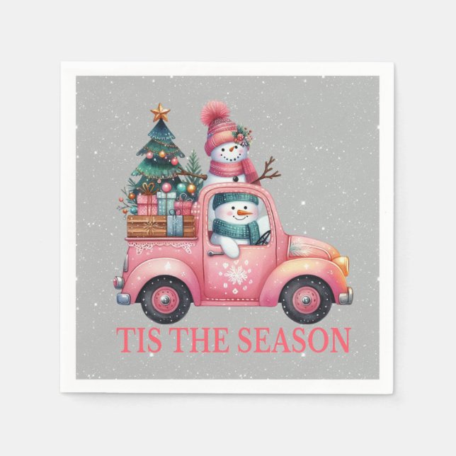 Snowmen Driving Pink Truck Tree Gifts Napkin (Front)