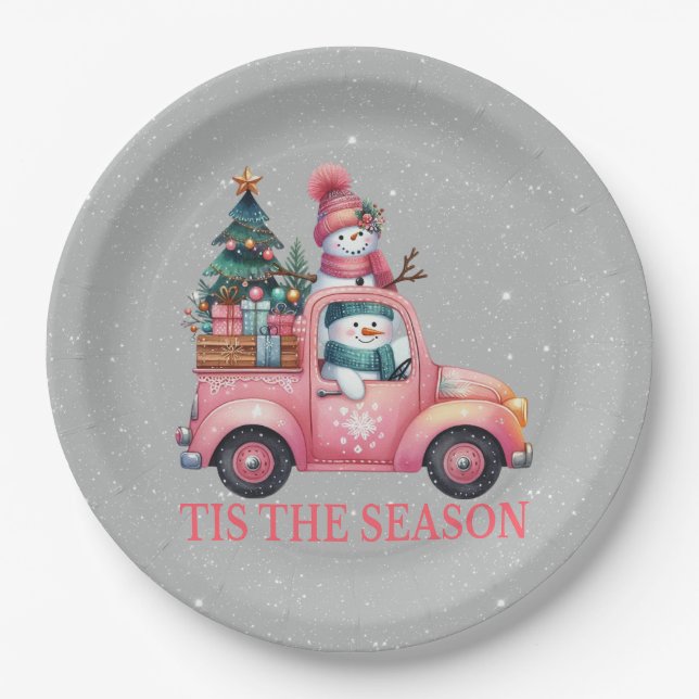Snowmen Driving Pink Truck Tree Gifts Paper Plate (Front)