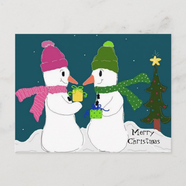 Snowmen Exchanging Presents Holiday Postcard (Front)