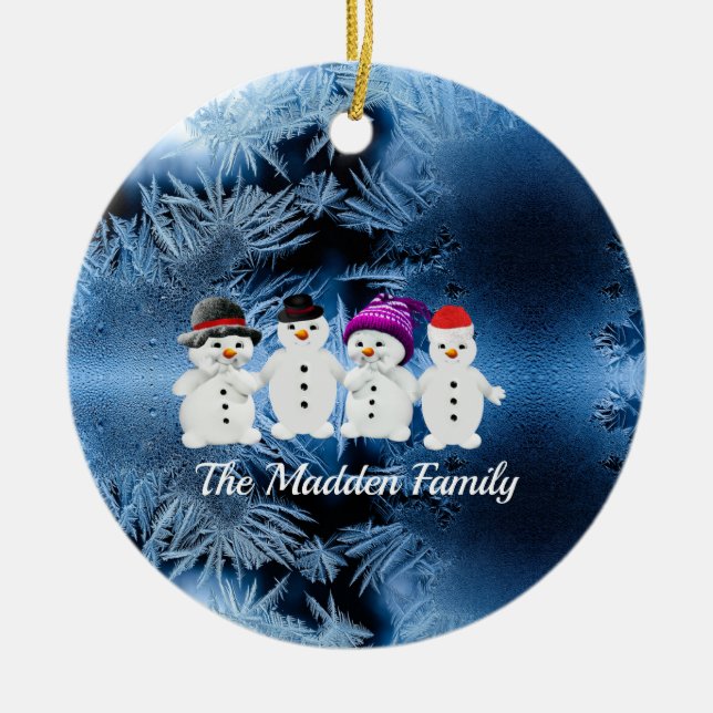 Snowmen Family of Four Ceramic Ornament (Front)
