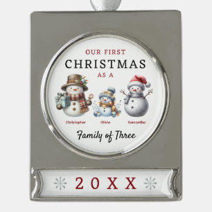 Snowmen Family of Three First Christmas Silver Plated Banner Ornament