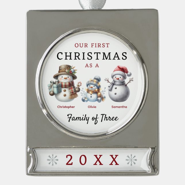 Snowmen Family of Three First Christmas Silver Plated Banner Ornament (Front)