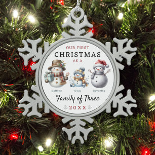 Snowmen Family of Three First Christmas Snowflake Pewter Christmas Ornament