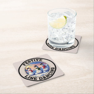 Snowmen Festive Line Dancing Square Paper Coaster