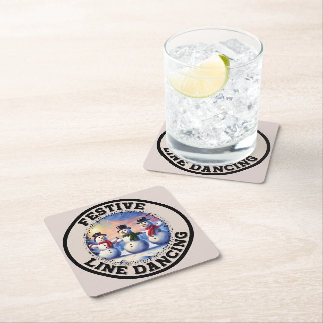 Snowmen Festive Line Dancing Square Paper Coaster (Insitu)
