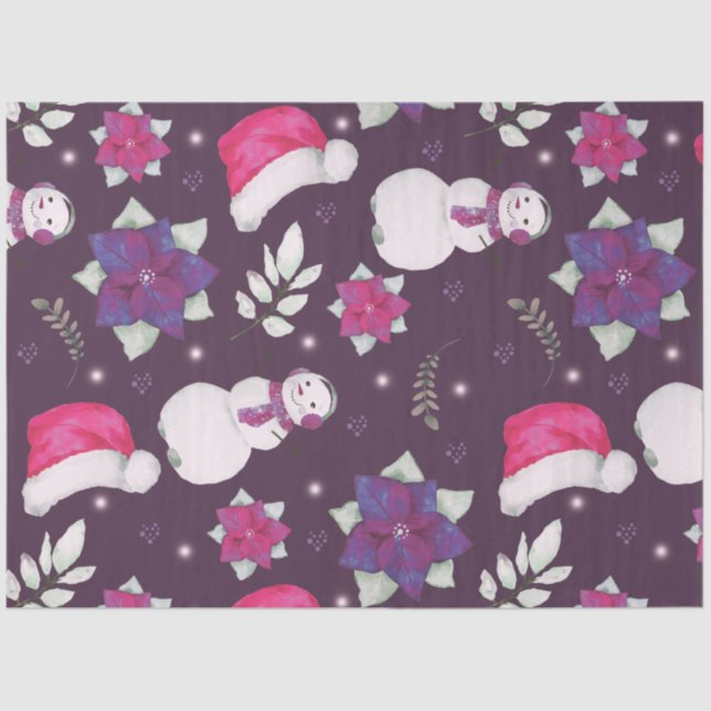 Snowmen Greenery Santa Hats Purple Christmas Tissue Paper (Front)