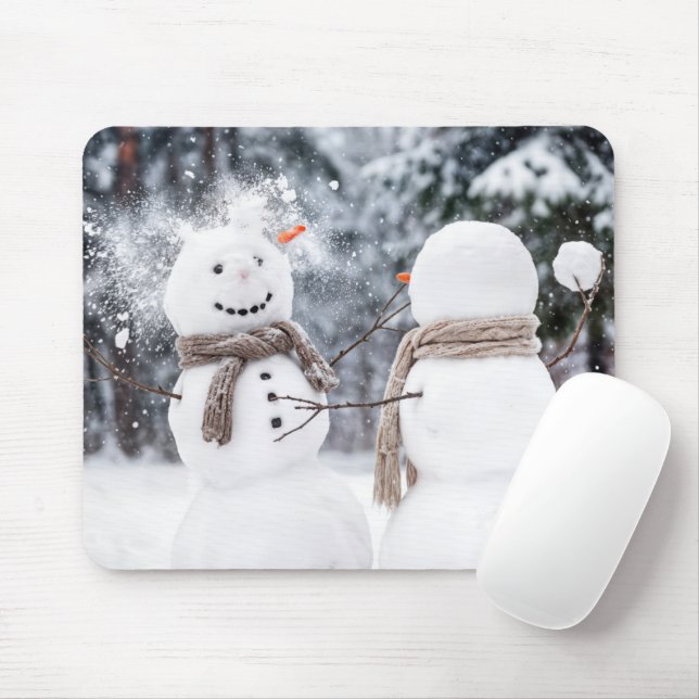 Snowmen Having a Snowball Fight Mouse Mat (With Mouse)