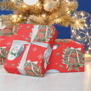 Snowmen, Holiday Wreath Festive Christmas Red Wrapping Paper