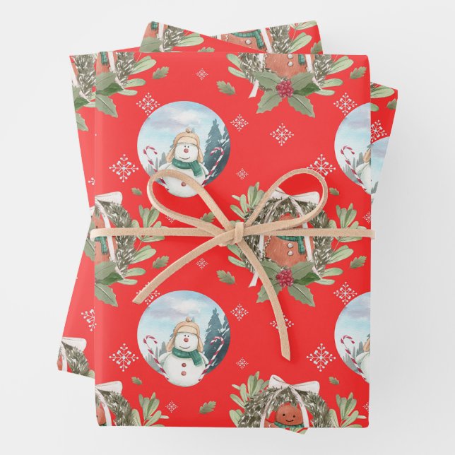 Snowmen, Holiday Wreath Festive Christmas Red Wrapping Paper Sheet (In situ)