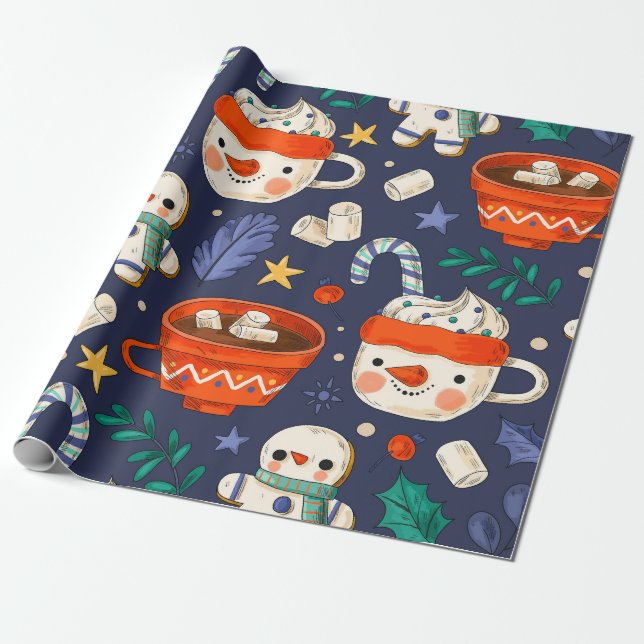 "Snowmen & Hot Chocolate" Wrapping Paper (Unrolled)