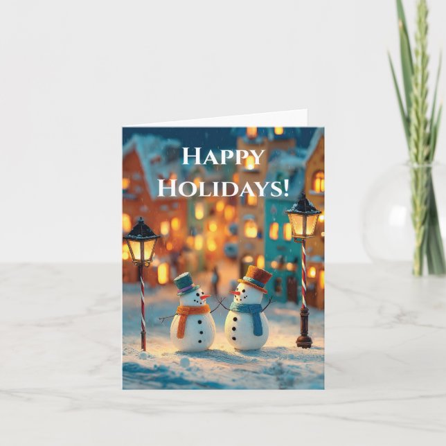 Snowmen in a Magical, Colorful Christmas Village Holiday Card (Front)