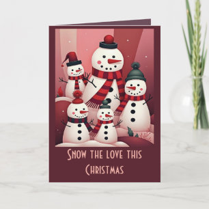 Snowmen In A Sweet Kitschy Christmas Pink Theme Card