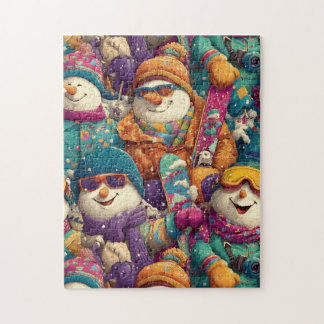 Snowmen In Designer Ski Gear On The Slopes Jigsaw Puzzle