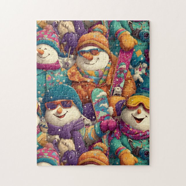 Snowmen In Designer Ski Gear On The Slopes Jigsaw Puzzle (Vertical)