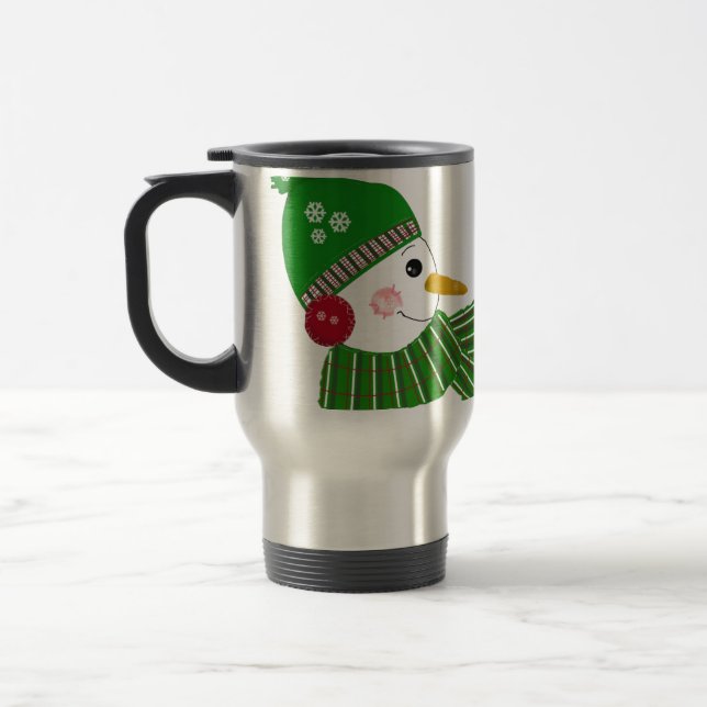 Snowmen in Green and Red Accessories Travel Mug (Left)