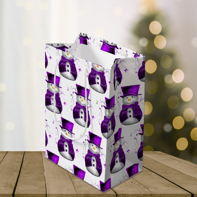 Snowmen in Purple Velvet Elegant Christmas Medium Gift Bag (Creator Uploaded)