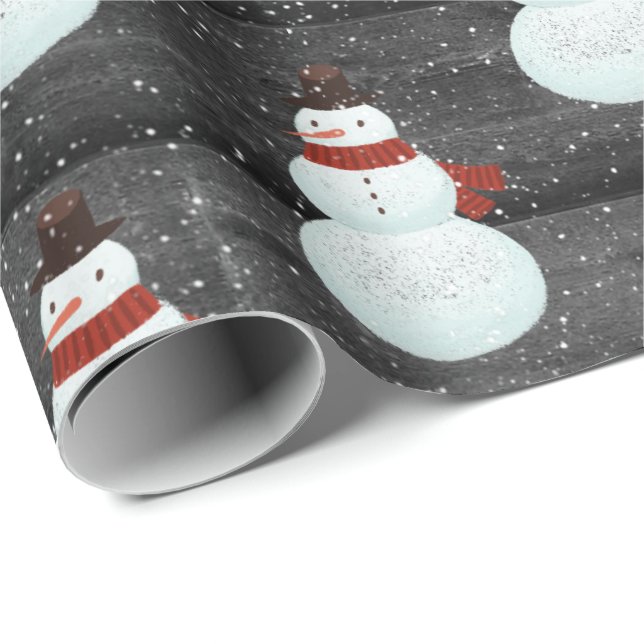 Snowmen In Snowflakes On Wood Wrapping Paper (Roll Corner)