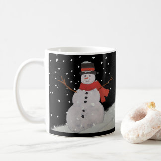 Snowmen in the night snow. coffee mug
