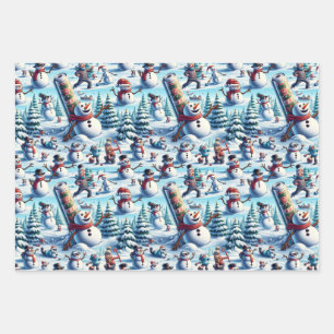 Snowmen in Various Amusing Scenarios Wrapping Paper Sheet