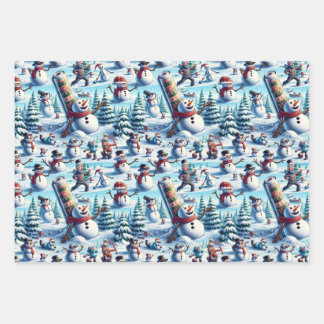 Snowmen in Various Amusing Scenarios Wrapping Paper Sheet