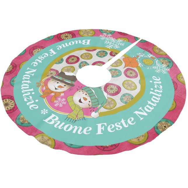 Snowmen Italian Merry Christmas Tree Skirt (Angled)