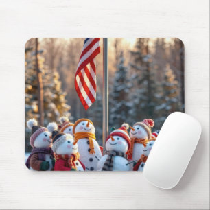 Snowmen Looking Up at USA Flag Mouse Mat