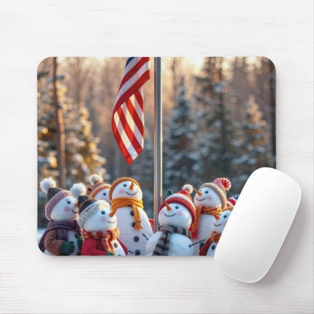 Snowmen Looking Up at USA Flag Mouse Mat (With Mouse)