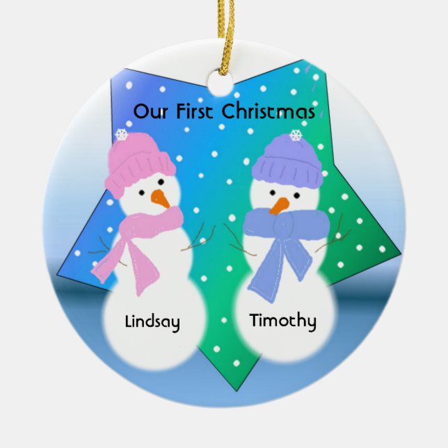 Snowmen Newlyweds Ceramic Tree Decoration (Front)